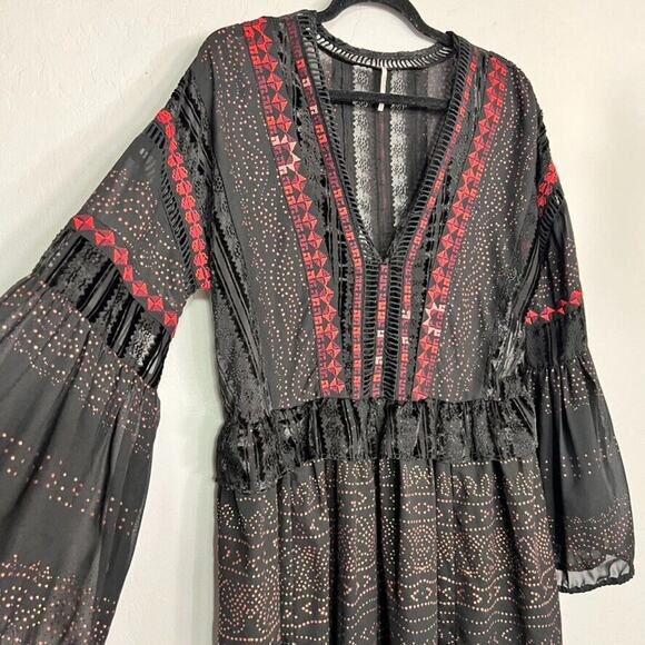Free People Dress Small Starry Night Maxi Black Long Sleeve V Neck Embroidered - Picture 5 of 13